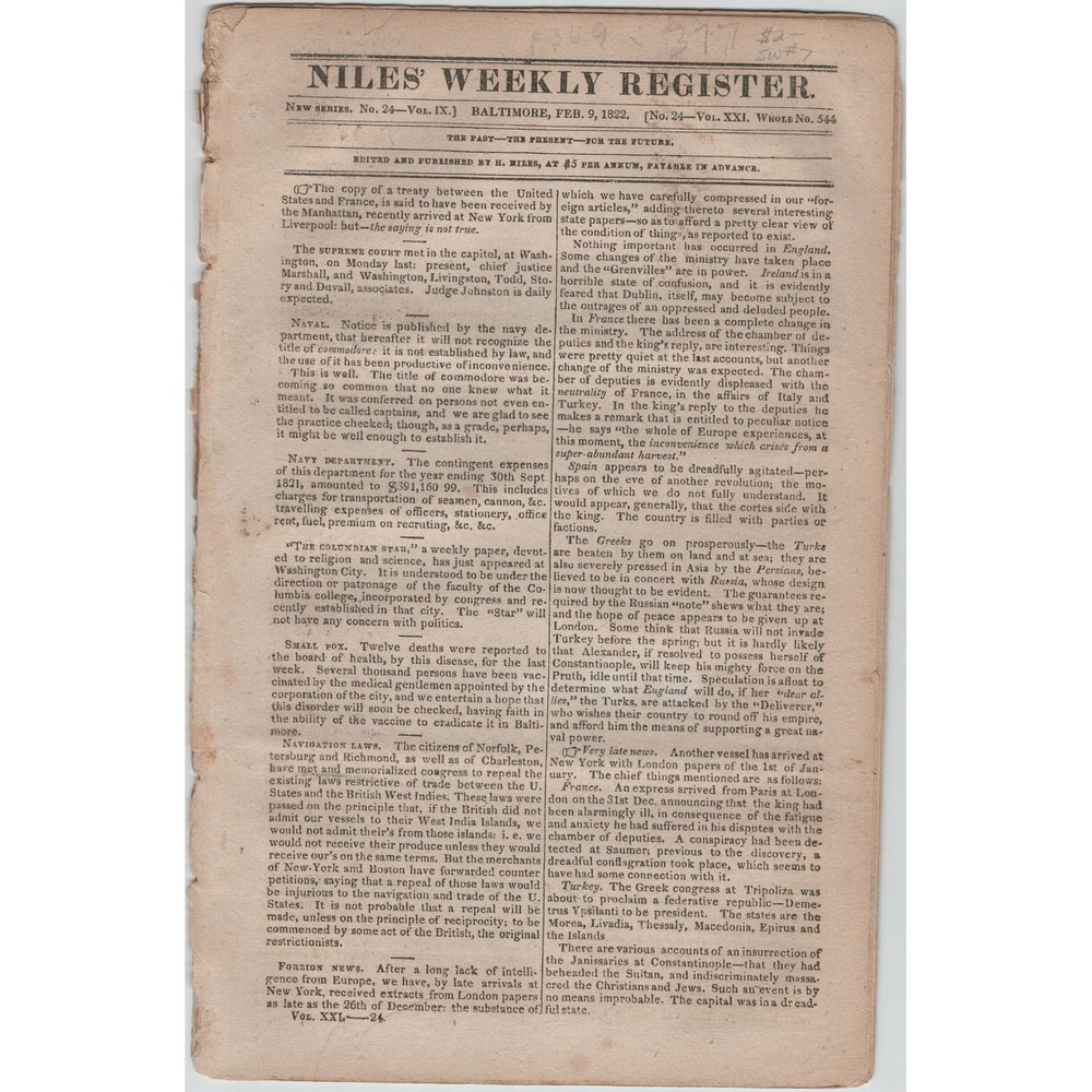 Niles Weekly Register Feb 9 1822 Baltimore Newspaper Vol IX No 24 Bankruptcy Law - Picture 1 of 2